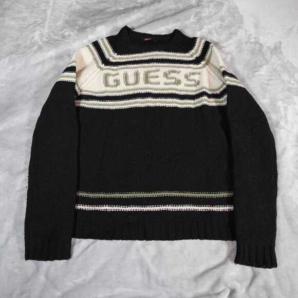 Vintage Guess Jeans Spellout Sweater Womens XL Tall Fit Wool Blend Knit Black - Picture 1 of 11